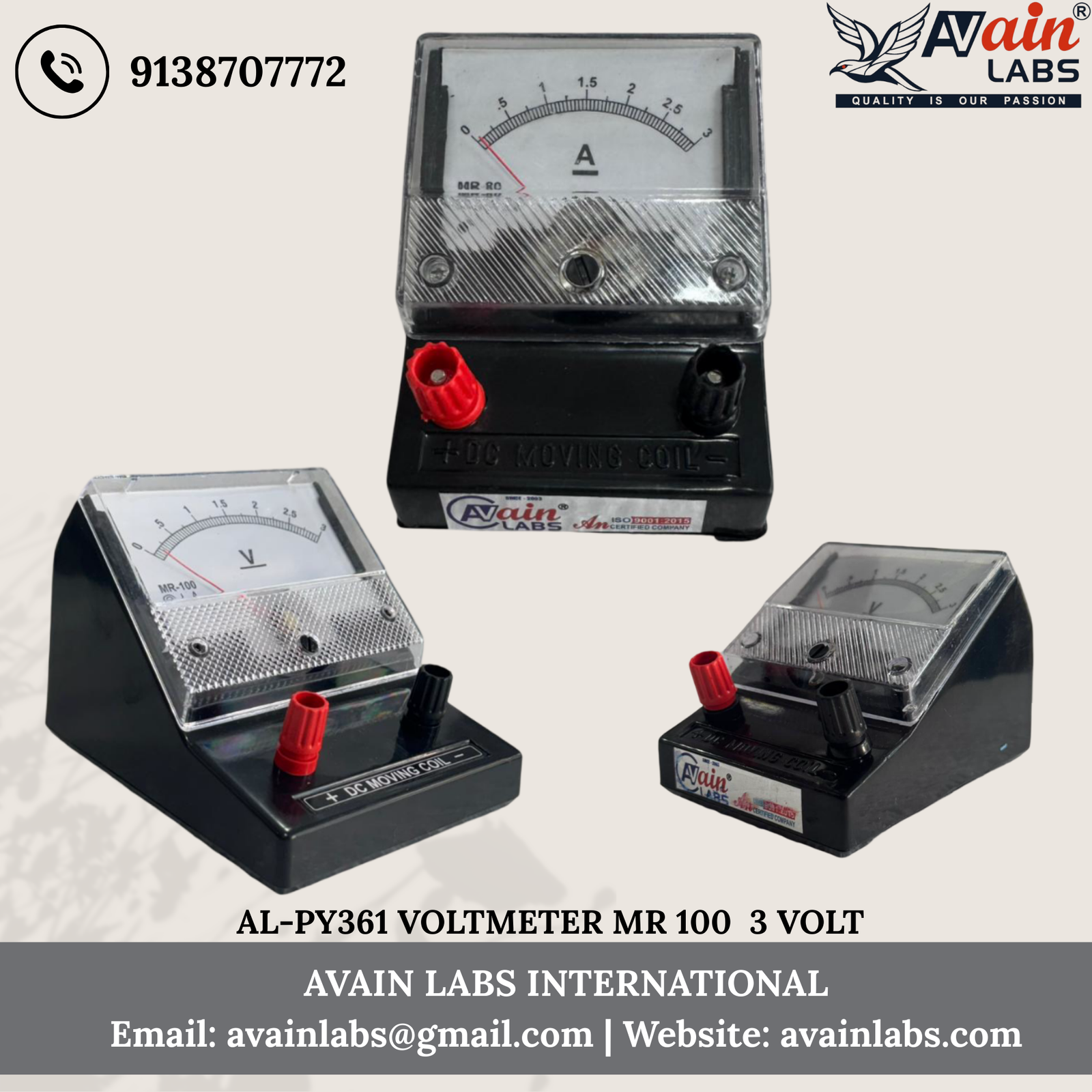 VOLTMETER (MR-100) Avain labs Make (Any One Range) Square Dial DC with stand AL-PY361-1
