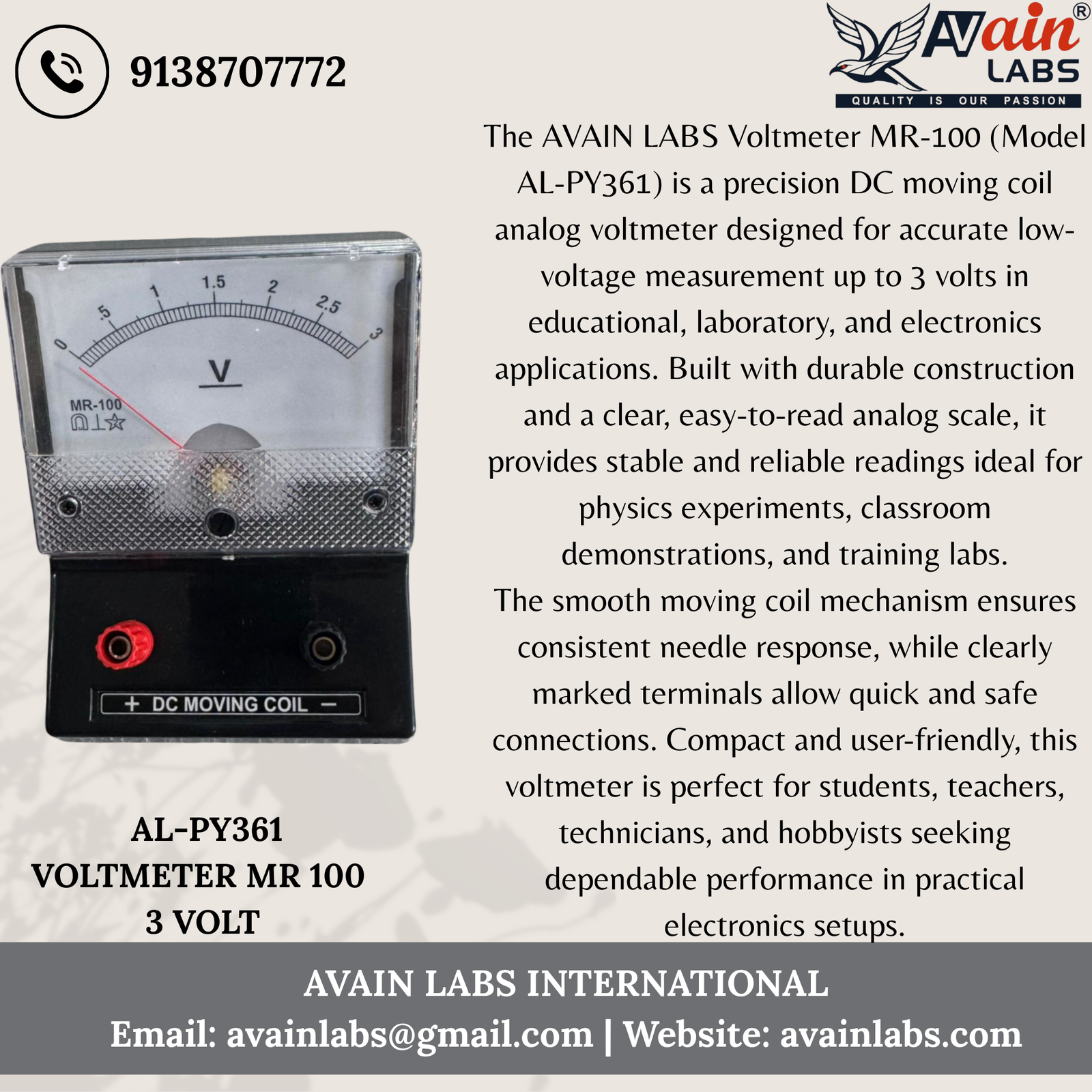 VOLTMETER (MR-100) Avain labs Make (Any One Range) Square Dial DC with stand AL-PY361-1 - Image 3