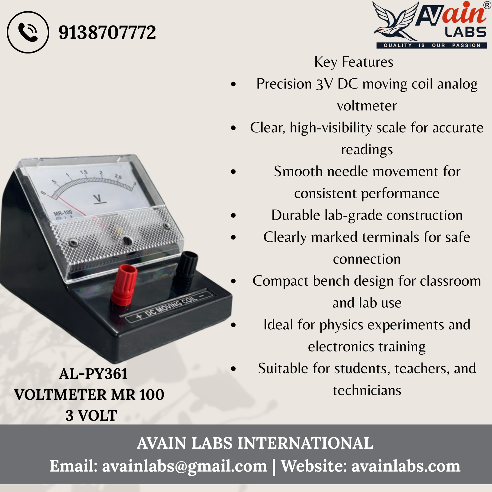 VOLTMETER (MR-100) Avain labs Make (Any One Range) Square Dial DC with stand AL-PY361-1 - Image 4