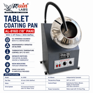AVAIN LABS® Tablet Coating Pan AL-816D  With ½ HP motor + (18’’ pan) With baffles