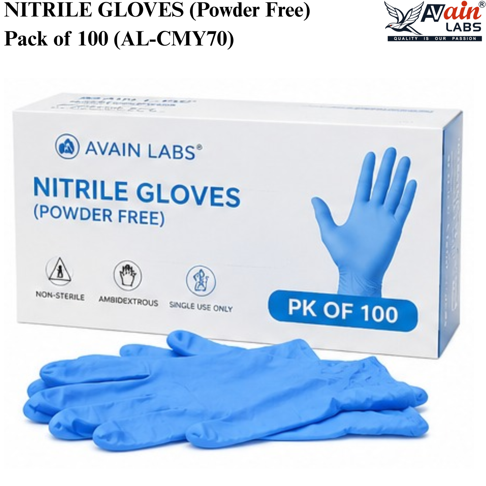 AVAIN LABS® NITRILE GLOVES (Powder Free) Pk of 100 AL-CMY70 - Image 3