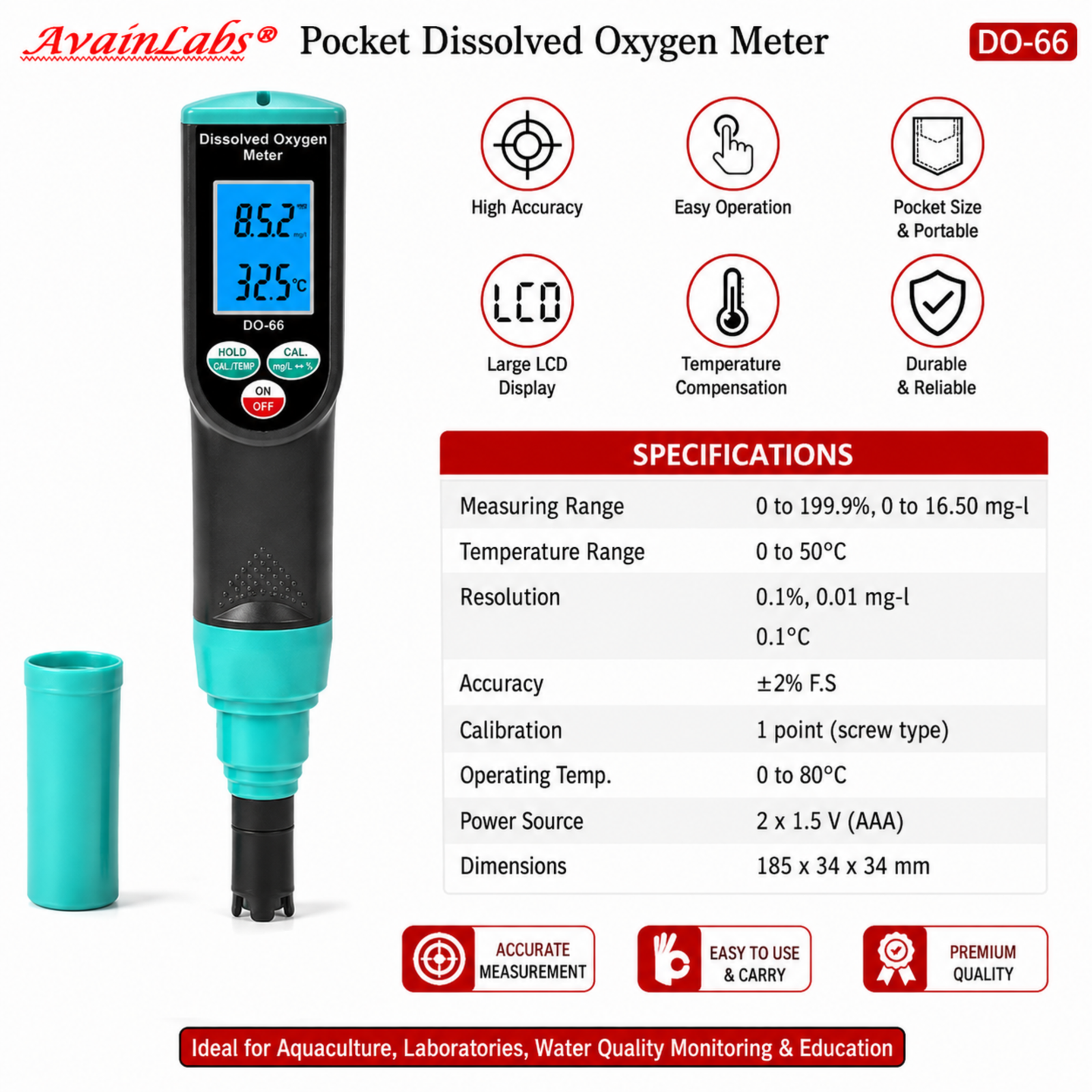 AVAIN LABS® Pocket Dissolved Oxygen Meter DO-66 - Image 4