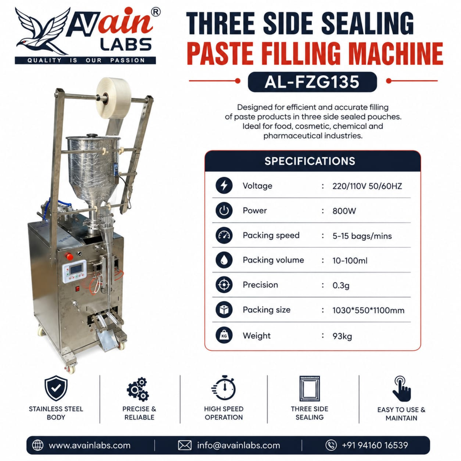 AVAIN LABS® Three Side Sealing Paste Filling Machine AL-FZG135 - Image 5