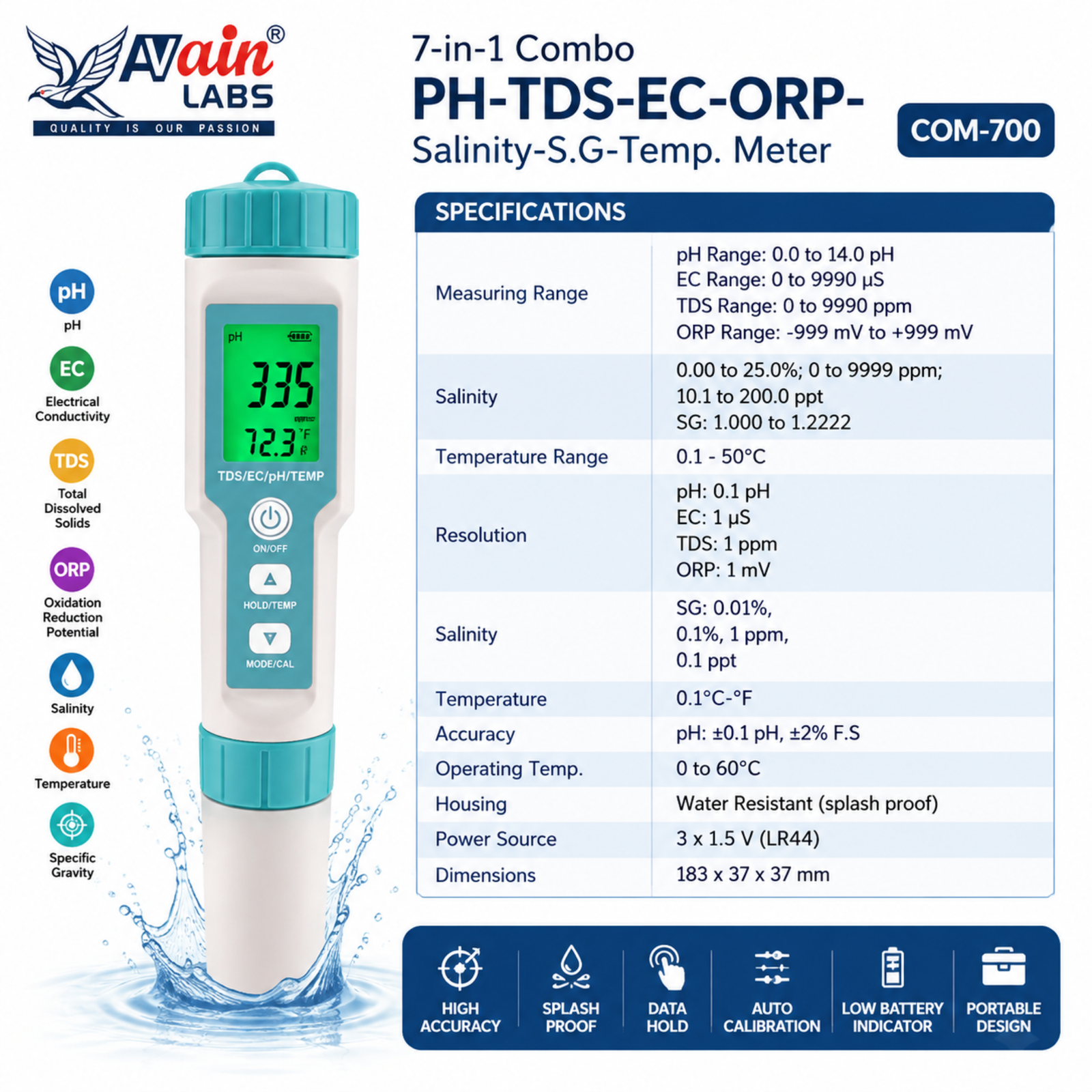 AVAIN LABS® 7-in-1 Combo PH-TDS-EC-ORP- Salinity-S.G-Temp. Meter COM-700 - Image 4