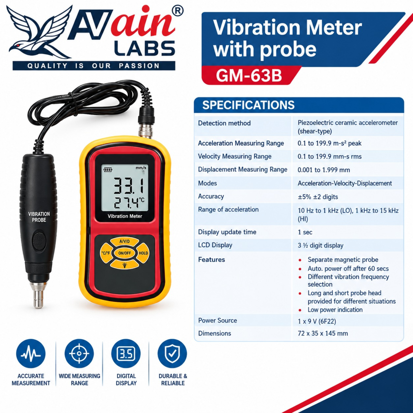 AVAIN LABS® Vibration Meter with probe GM-63B - Image 4