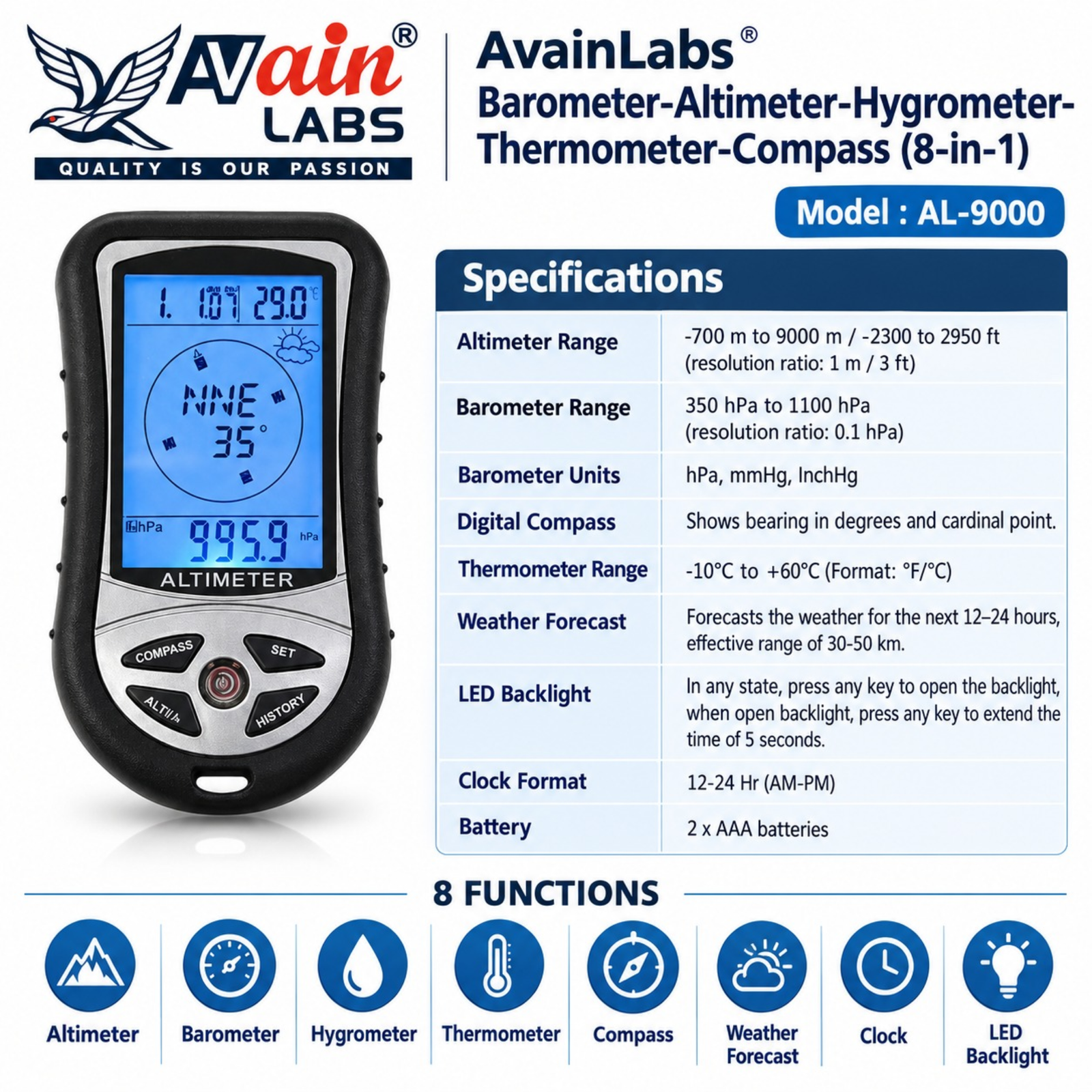 AVAIN LABS® Barometer-Altimeter-Hygrometer- Thermometer-Compass (8-in-1) AL-9000 - Image 4