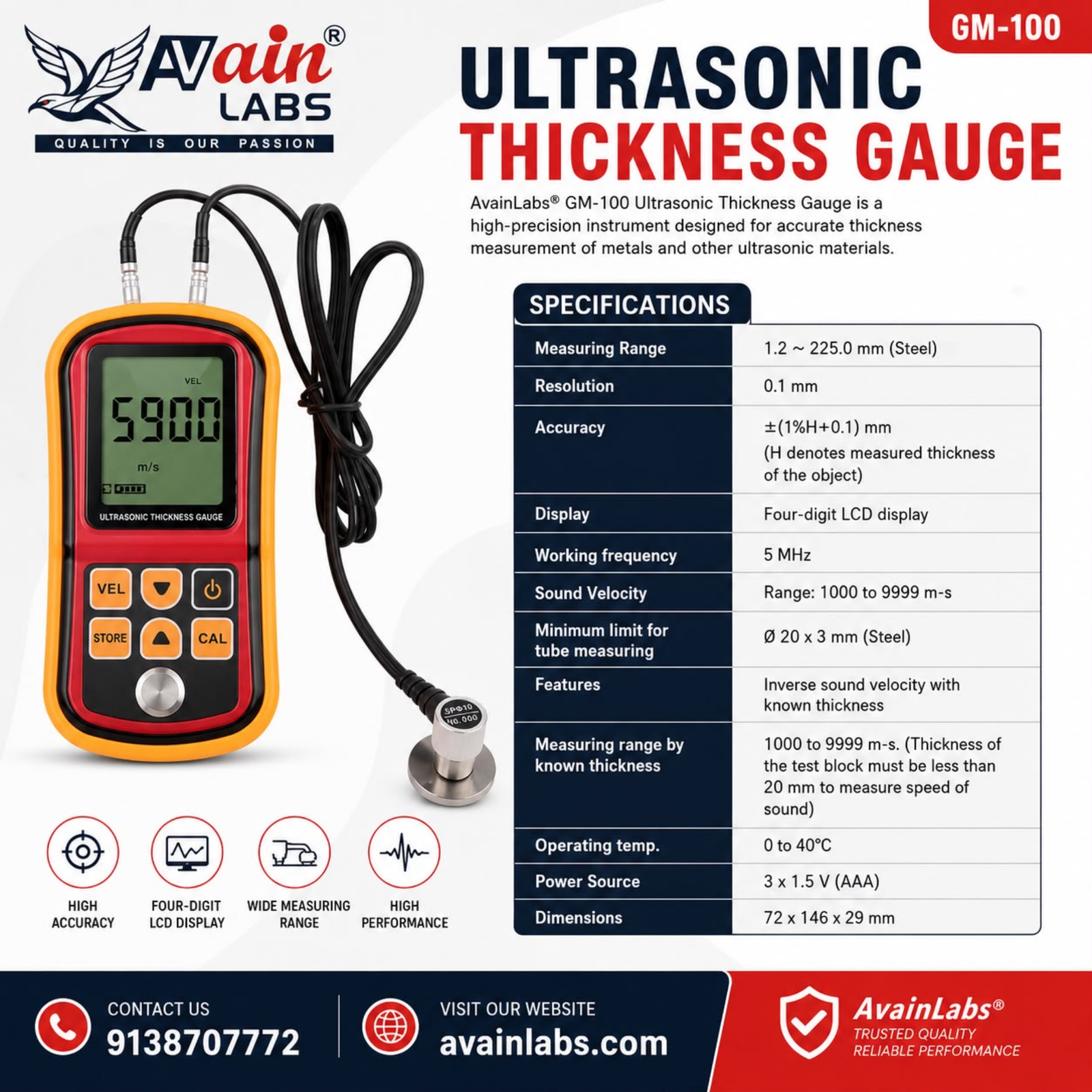 AVAIN LABS® Ultrasonic Thickness Gauge GM-100 - Image 4